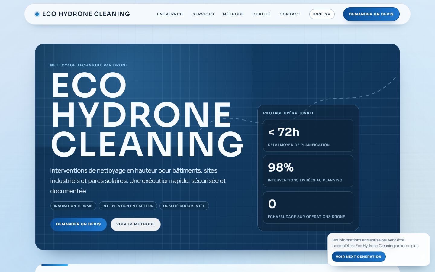 Page d'accueil du site Eco Hydrone Cleaning